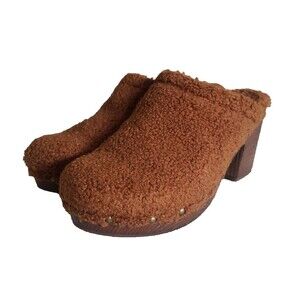 Korks by Kork Ease Studded Teddy Round Toe Block Heel Slip On Clogs Brown Sz 10M